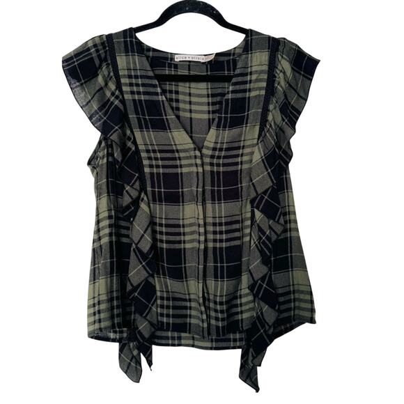 Alice + Olivia Plaid Ruffle Janet Blouse Top Sz S Dark Academia Boho EUC - Picture 1 of 7